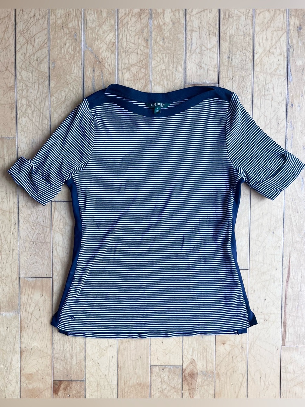 Lauren Ralph Lauren 100% Cotton Nautical Striped Boat Neck Knit Top Size Large